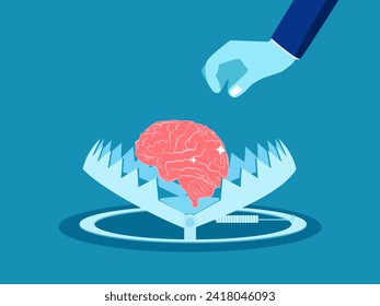 Mentally, limited thinking. Businessman picks brain in trap. vector 