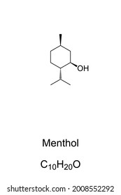 Menthol, chemical formula and skeletal structure. l-Menthol, organic compound naturally found in mint plants, also known as Mentha, widely used to relieve minor throat irritation. Illustration. Vector