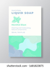 Menthol Liquid Soap Package Label Template. Abstract Shapes Camo Background Vector Cover. Cosmetics Packaging Design. Modern Typography and Hand Drawn Mint Leaves Spice Sketch. Isolated.