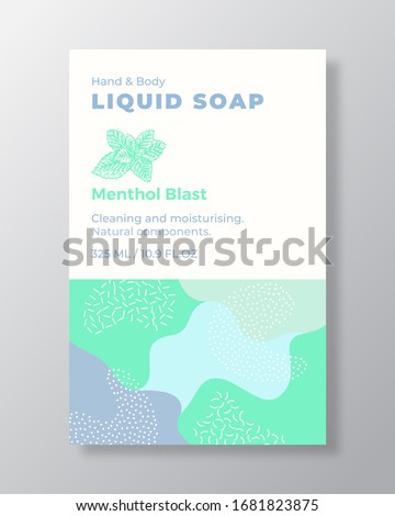 Menthol Liquid Soap Package Label Template. Abstract Shapes Camo Background Vector Cover. Cosmetics Packaging Design. Modern Typography and Hand Drawn Mint Leaves Spice Sketch. Isolated.