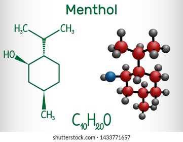 Menthol molecule, is found in peppermint and spearmint. It gives a cooling sensation, relieves minor pain and irritation. Structural chemical formula and molecule model. Vector illustration