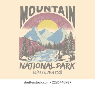 Mention adventure vintage print design for t shirt and others. National park graphic artwork for sticker, poster, background.