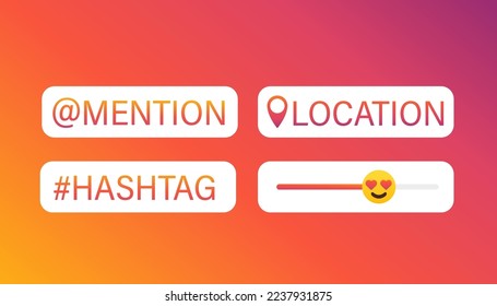 Mention, location, hashtag social media stickers in pride LGBTQ gradient colors, template icon, user interface button, stories sticker social media design. Vector illustration