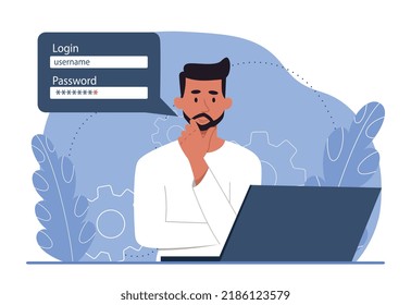 Mention password concept. Man trying to remember password, authorization and identification, user. Modern technologies and digital world, gadgets and devices. Cartoon flat vector illustration