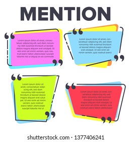 Mention Quotation Template In Frame Quotes Vector. Creative Innovative Colored Speech Texting Boxes Mention Modern Typography Design. Color Paper Isolated On White Background Flat Cartoon Illustration