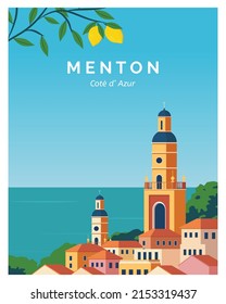 Menton background landscape illustration with colored style. Travel to menton france.