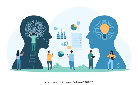 Mentor assistance, visualization of coaching communication and mentoring. Tiny people unraveling mess of thread with transformation into order and light bulb inside heads cartoon vector illustration