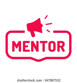 Mentor. Insignia con el icono del megáfono. Ilustración vectorial plana sobre fondo blanco.