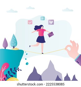 Mentor big hand ayuda a las empresarias principiantes a caminar tensa sobre el abismo. Gestión de riesgos, alfabetización financiera, educación empresarial. Asociación, entrenamiento empresarial, asistencia. Ilustración vectorial plana