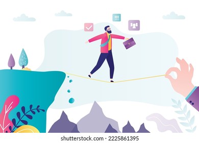 Mentor big hand helps beginner businessman walk tightrope over abyss. Risk management, financial literacy, business education. Partnership, business coaching, assistance. Flat vector illustration