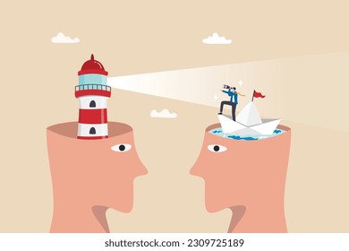 Mentor or coaching to advice or guidance to success, help or support for direction, consultant or suggestion for career opportunity concept, lighthouse with guidance light for businessman to success.