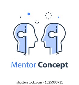 Mentor concept, two heads and jigsaw,  vector line illustration