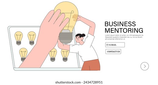 Mentor give idea, business coach help employee online. Mentorship, support and training people to achieve career goals. Tutor help worker on laptop screen. Line flat vector illustration for web banner