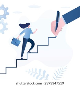 Mentor dibujando a mano la escalera de carrera, ayuda con el empleo y el ascenso. Mujer de negocios con escalada arriba. Apoyo empresarial para alcanzar el objetivo de carrera o ayudar a ascender en escalera, desbloquear el éxito. vector plano