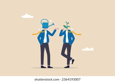 Mentor to help career growth, coaching or education for growth mindset, growing seedling plant, help or assistance, business support concept, businessman watering can head help grow seedling one.