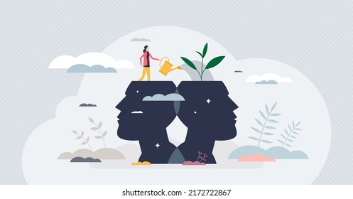 Mentor help for personal development and skills growth tiny person concept. Inspiration and motivation management from tutor or life teacher vector illustration. Coach guidance and knowledge training.