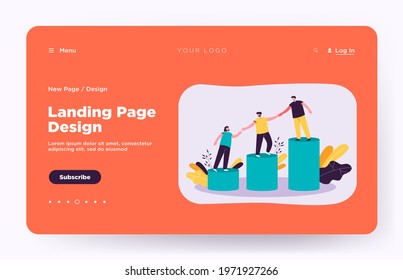Mentor helping young employees to climb on top of growing bar chart. Team holding hands and walking upstairs together. Vector illustration for mentorship, teamwork, professional support concept