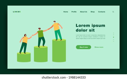Mentor helping young employees to climb on top of growing bar chart. Team holding hands and walking upstairs together. Vector illustration for mentorship, teamwork, professional support concept