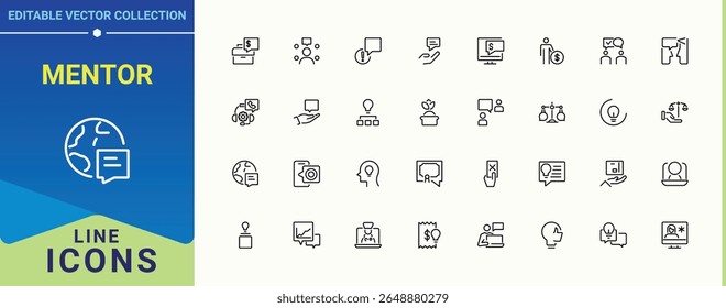 Ícone de mentor definido em estilo linear. Conter líder de sinal linear, especialista, instrutor, homem, liderança, conselho, conselheiro e muito mais. Conjunto de ícones de aviso. Coleção de ícones modernos. Arte e ilustração.
