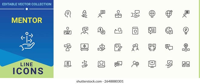 Ícone de mentor definido em estilo linear. Conter líder de sinal linear, especialista, instrutor, homem, liderança, conselho, conselheiro e muito mais. Conjunto de ícones de aviso. Coleção de ícones modernos. Arte e ilustração.