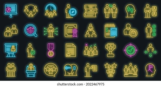 Mentor icons set. Outline set of mentor vector icons neon color on black