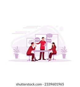 mentor leader talking to co-workers and negotiating in the meeting room. Concept of corporate meetings, brainstorming, team discussion, conversation, and business communication. 