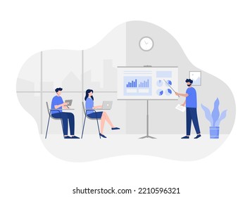 Mentor presenting charts and reports, employees meeting at business training, seminar or conference. vector illustration for presentation, lecture, education
. Modern vector flat illustration.
