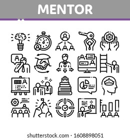 Mentor Relationship Collection Icons Set Vector Thin Line. Human Holding Key And Gear, Stopwatch And Mountain With Flag, Mentor Concept Linear Pictograms. Monochrome Contour Illustrations