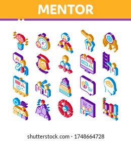 Mentor Relationship Collection Icons Set Vector. Human Holding Key And Gear, Stopwatch And Mountain With Flag, Mentor Isometric Illustrations