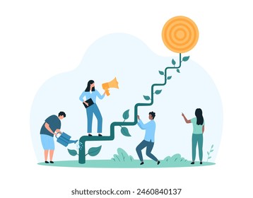 Mentor support and assistance in career development, leadership and employment. Tiny people grow steps of career path from plants, man watering ladder stairs to climb cartoon vector illustration