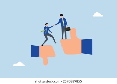 Mentor support, Businessman manager assists colleague transition from thumb down to thumb up. 
