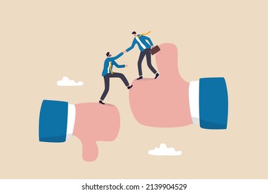 Mentor support, coaching or training for employee improvement, help colleague or partner to work better, advice or consult concept, businessman manager help coworker step from thumb down to thumb up.