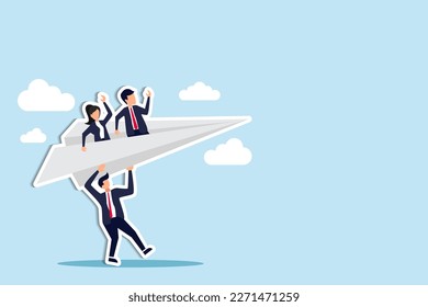 Mentor or support employee to success, manager to help or advice staff to reach goal, work coaching or adviser expert concept, businessman manager launching paper plane origami with team colleagues