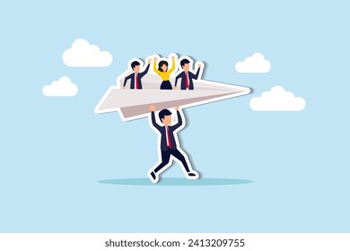 Mentor or support employee to success, manager to help or advice staff to reach goal, work coaching or adviser expert concept, businessman manager launching paper plane origami with team colleagues.