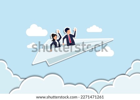 Mentor or support employee to success, manager to help or advice staff to reach goal, work coaching or adviser expert concept, businessman manager riding paper plane origami with team colleagues