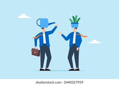 Mentor with watering can head helps businessman with plant heads to grow, illustrating mentorship for career growth. Concept of coaching or education, offering help, assistance, and business support