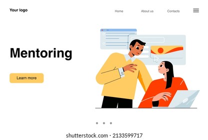 Mentoring banner with business coach helps employee. Vector landing page of mentorship, support and training people to achieve goals in career. Flat illustration of mentor and worker with laptop