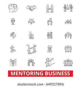 Mentoring business, mentor, coaching, business guidance, train, help, teamwork line icons. Editable strokes. Flat design vector illustration symbol concept. Linear signs isolated on white background