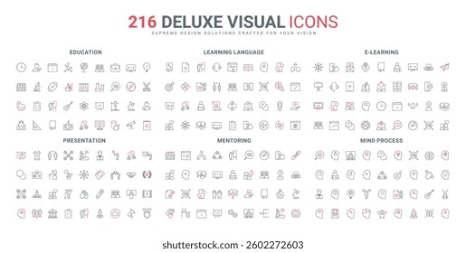 Mentoring by leader, business presentation, education process in class line icon set. Online language course, mobile reminder and learning chat thin black and red outline symbols vector illustration