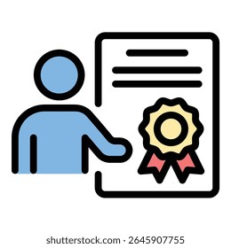 Ilustração de estilo de linha plana de ícone de certificado de mentoreamento representando realizações em orientação e desenvolvimento profissional, adequado para projetos de educação, treinamento e certificação