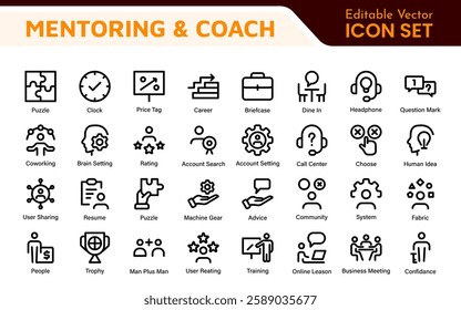 Mentoring and Coaching Icons Collection. Vector-Based Icons for Mentorship, Leadership, Learning, Support, and Growth