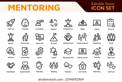 Mentoring and Coaching Icons Collection. Vector-Based Icons for Mentorship, Leadership, Learning, Support, and Growth