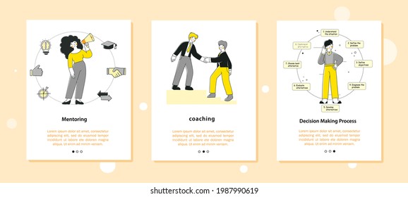 Mentoring, coaching, personal skills development. Flat onboarding mobile app page screen template.