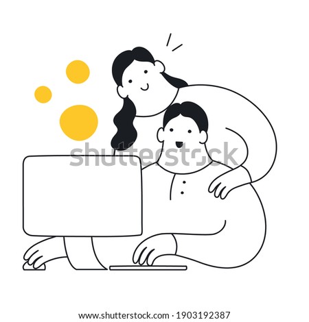 Mentoring, coaching, and training. Team help, teamwork. Worker teaches another worker. Flat thin outline elegant vector illustration on white.