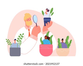 Mentoring concept. Boss planting workers, leadership or recruitment metaphor. Supervising manager, businessman choice and mentorship utter vector scene