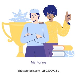 Mentoring concept. Experienced mentor celebrating student's success with a trophy, embodying guidance and achievements in education. Vector illustration.