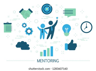 Mentoring concept. Giving advice for career success. Guidance in business. Support and motivation. Set of colorful icons. Isolated flat vector illustration