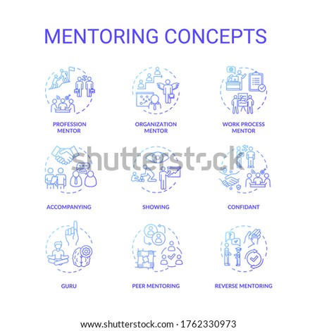 Mentoring concept icons set. Personal and professional growth idea thin line RGB color illustrations. Skills development help, knowledge sharing. Vector isolated outline drawings