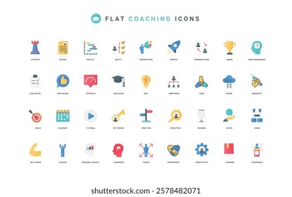 Mentoring, corporate training in workshop and interactive seminar color icon set. Mentor expert support and advices for professional development, guidance, knowledge flat elements vector illustration