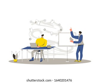 Mentoring or education prosess. Student and teacher at the individual class. Couching session. Vector flat illustration.